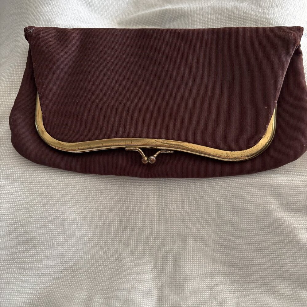 VINTAGE 1930s 1940s Brown Art Deco Kiss Lock Clutch with Attached Coin Purse - Picture 4 of 5